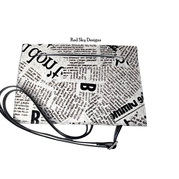 OOAK Newsprint Cowhide & Leather Crossbody Clutch - Picture 2 of 5